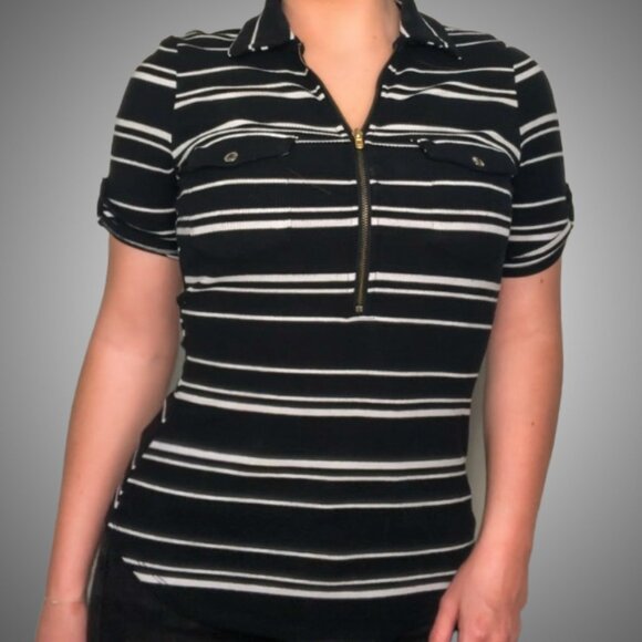 GUESS Black and White Striped Zip-Up Fitted Top - Picture 3 of 3
